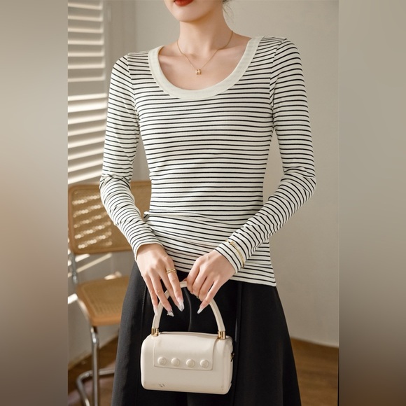 French Cotton White Strip Long Sleeve Top - Picture 2 of 5